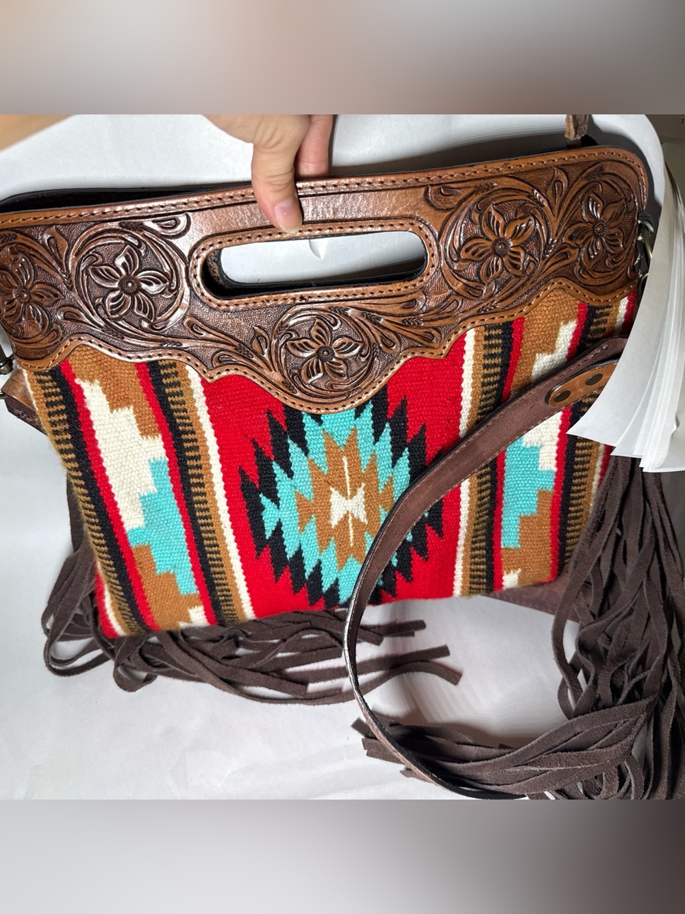 American Darling tooled leather handbag with fringe